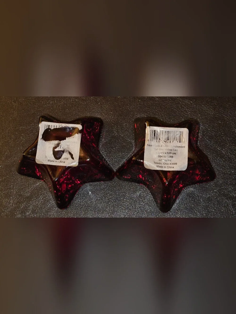 Libbey Red Amber Star Glass Tealight Holders - Pair